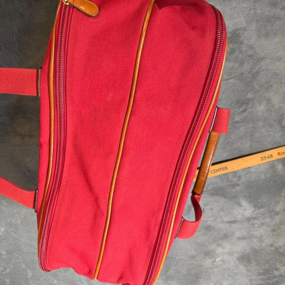 Lands End Red Canvas Duffle Bag Leather Trim Travel Carry On Weekender Luggage